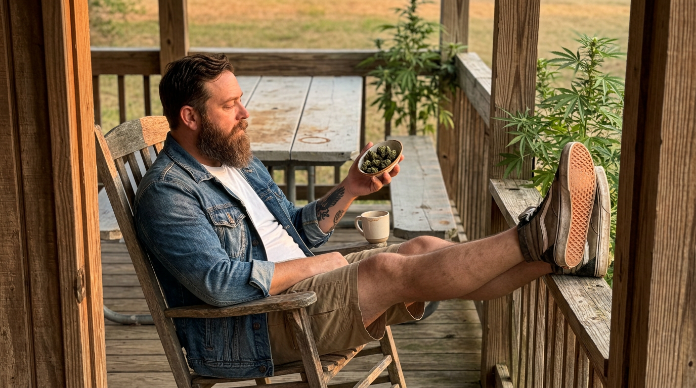 Bruce Banner strain — Man in porch chair with boots on railing, examining cannabis buds in a ceramic dish under a covered pavilion