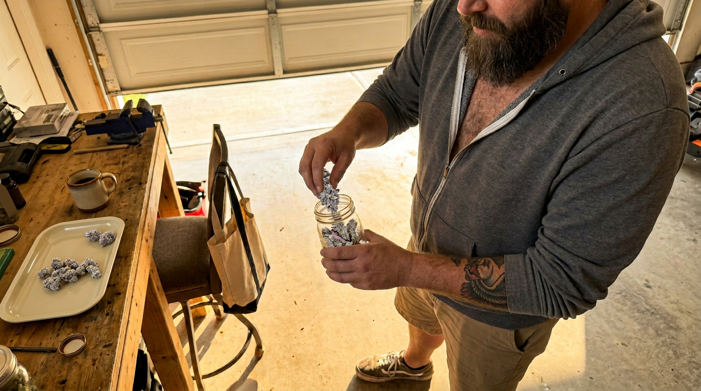 Bruce Banner strain — Man dropping frosty green cannabis buds into a glass jar in a half-open garage, afternoon light on concrete floor