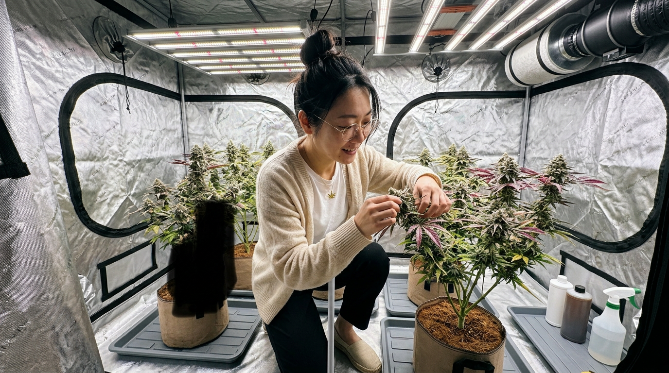 Cereal Milk strain — Wide shot of woman inside indoor grow tent gently bending cannabis branch during LST training, LED lights overhead, fabric pots below