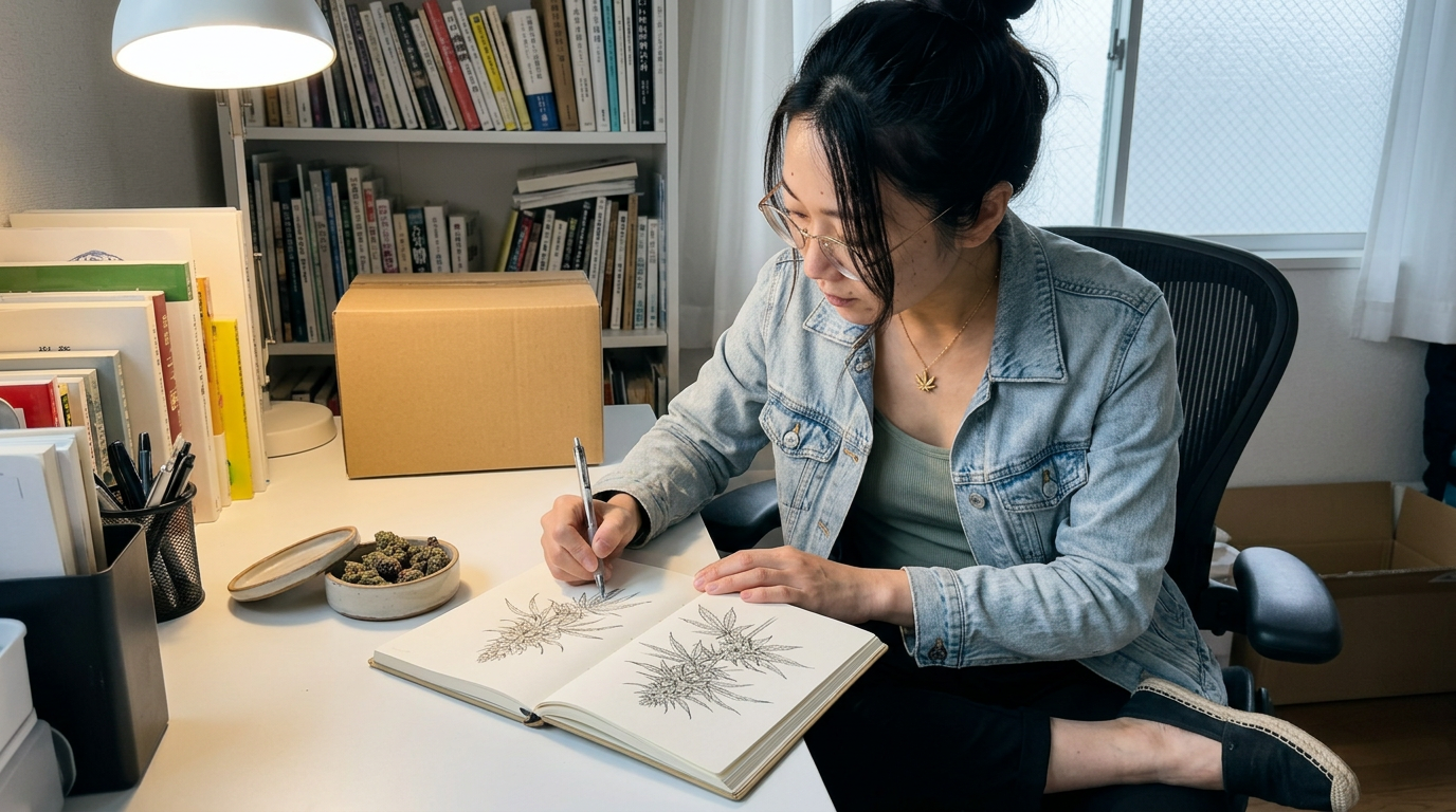 Cereal Milk strain — Over-the-shoulder view of woman sketching botanical cannabis illustrations in hardcover notebook at cluttered home office desk with bookshelves