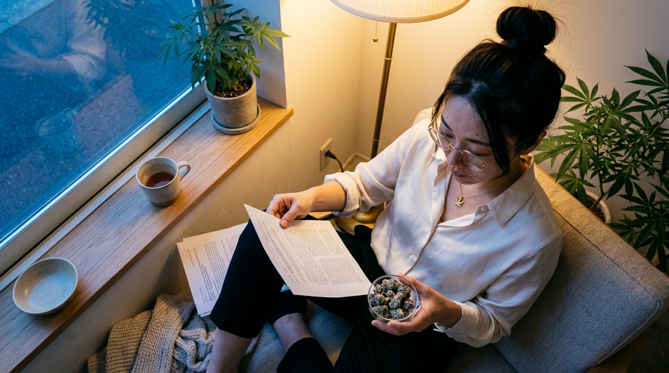 Cereal Milk strain — Woman in reading nook examining frosted cannabis buds under warm floor lamp light, research papers in hand, tea mug nearby