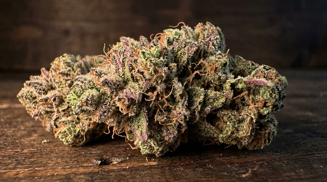 Cookies and Cream strain — Man holding glass jar of pale frosted cannabis buds up to light in rustic barn with open doors