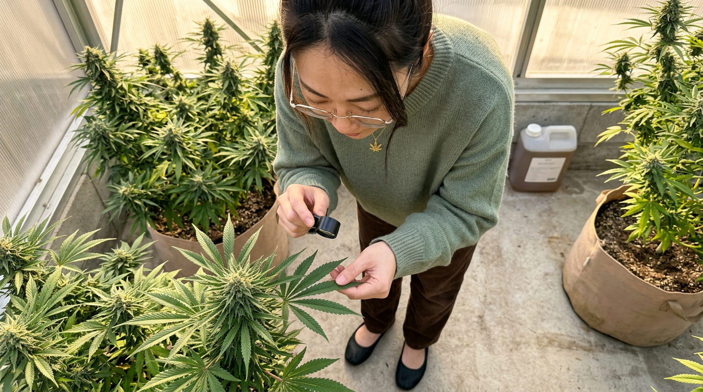 Woman examining a cannabis leaf under a magnifying loupe inside a greenhouse, compact flowering plants in fabric pots around her