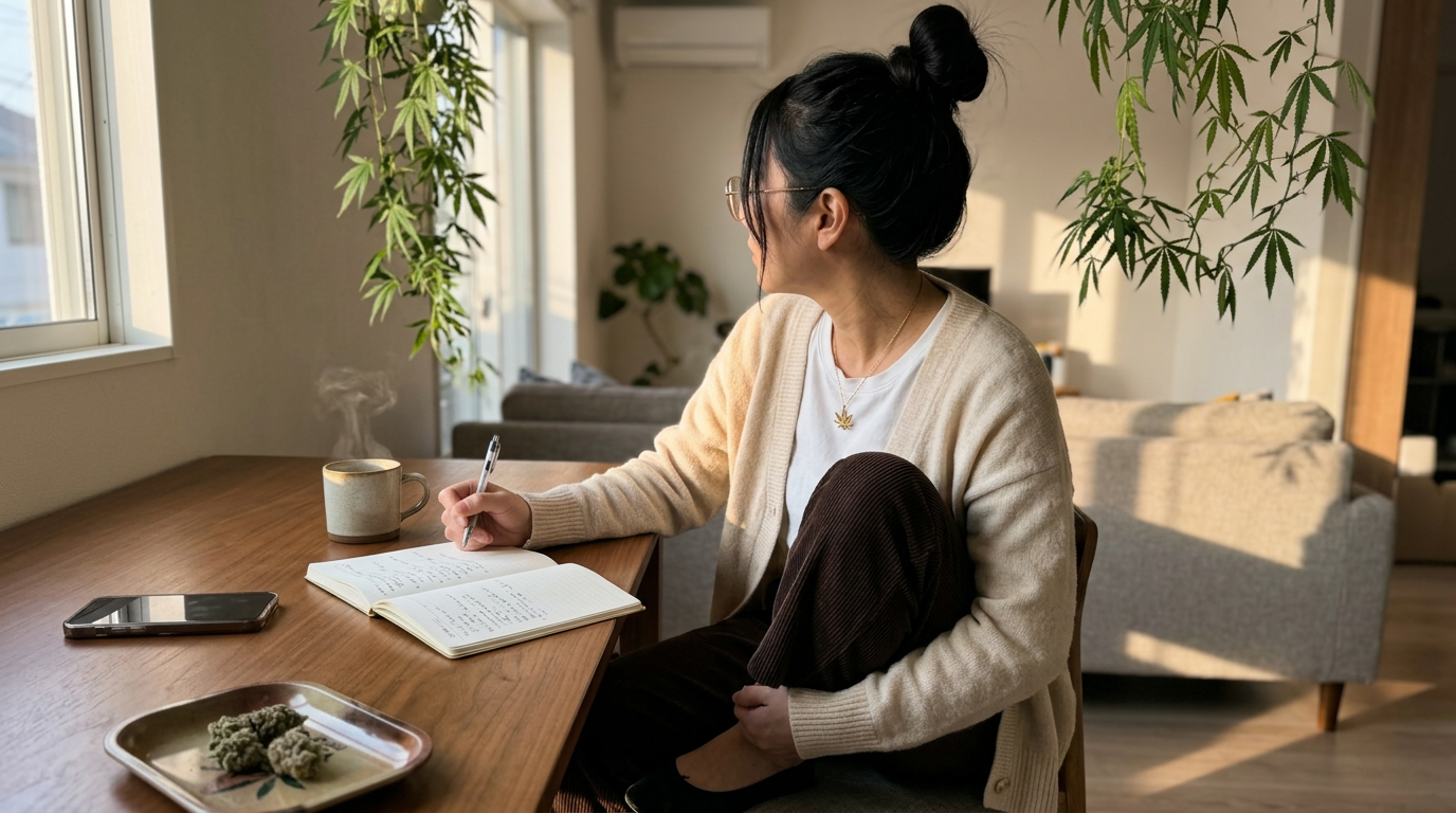 Woman writing in an open notebook at a desk with a warm mug, small rolling tray with cannabis buds at the desk edge, houseplants behind