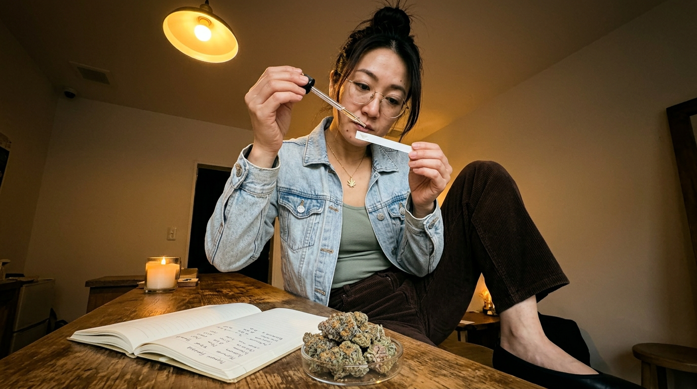 Woman pipetting essential oil onto a test strip at a wooden tasting counter, with frosty cannabis buds in a glass dish nearby