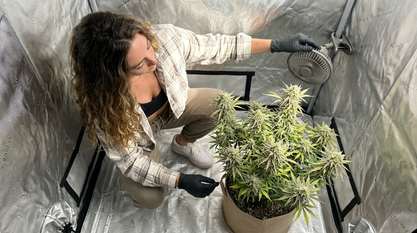 Gary Payton strain — Woman in black gloves adjusting a clip fan next to a bushy cannabis plant inside a reflective grow tent with LED lighting