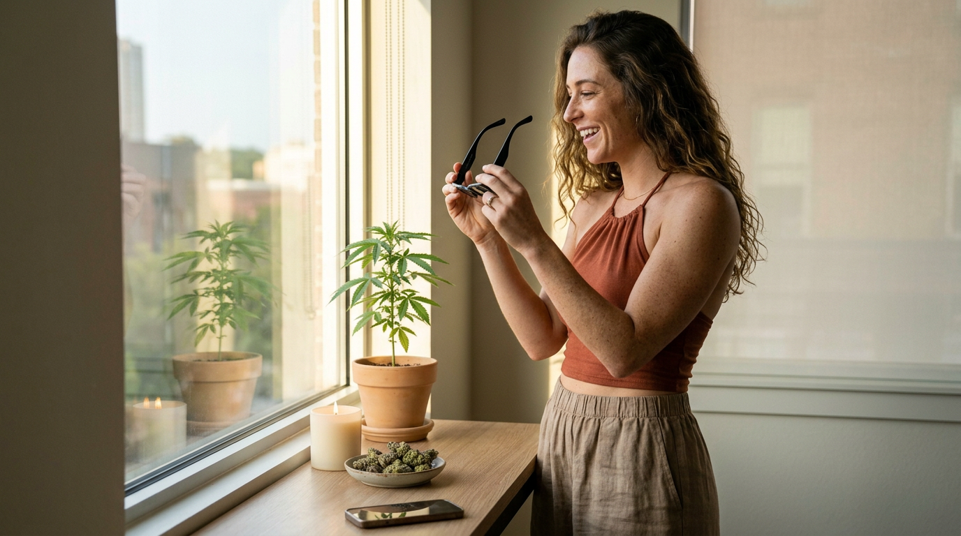 Gary Payton strain — Woman trying on sunglasses at a window ledge with succulents, a candle, and a small dish of cannabis buds