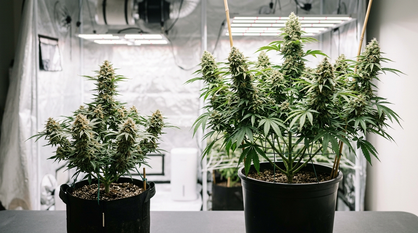 autoflower vs photoperiod cannabis plants side by side under grow lights