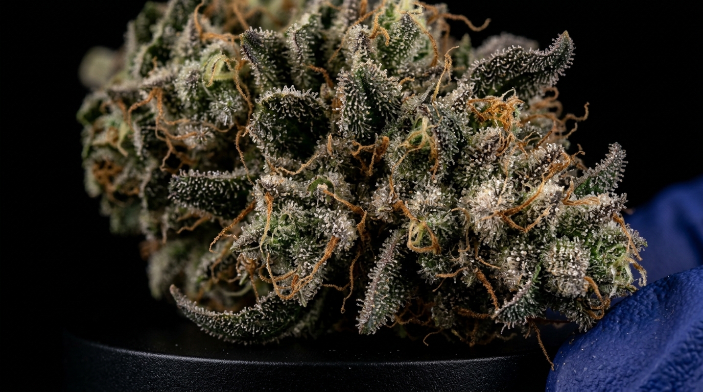 Outdoor cannabis plant with dank dense buds showing trichome-rich resin at harvest