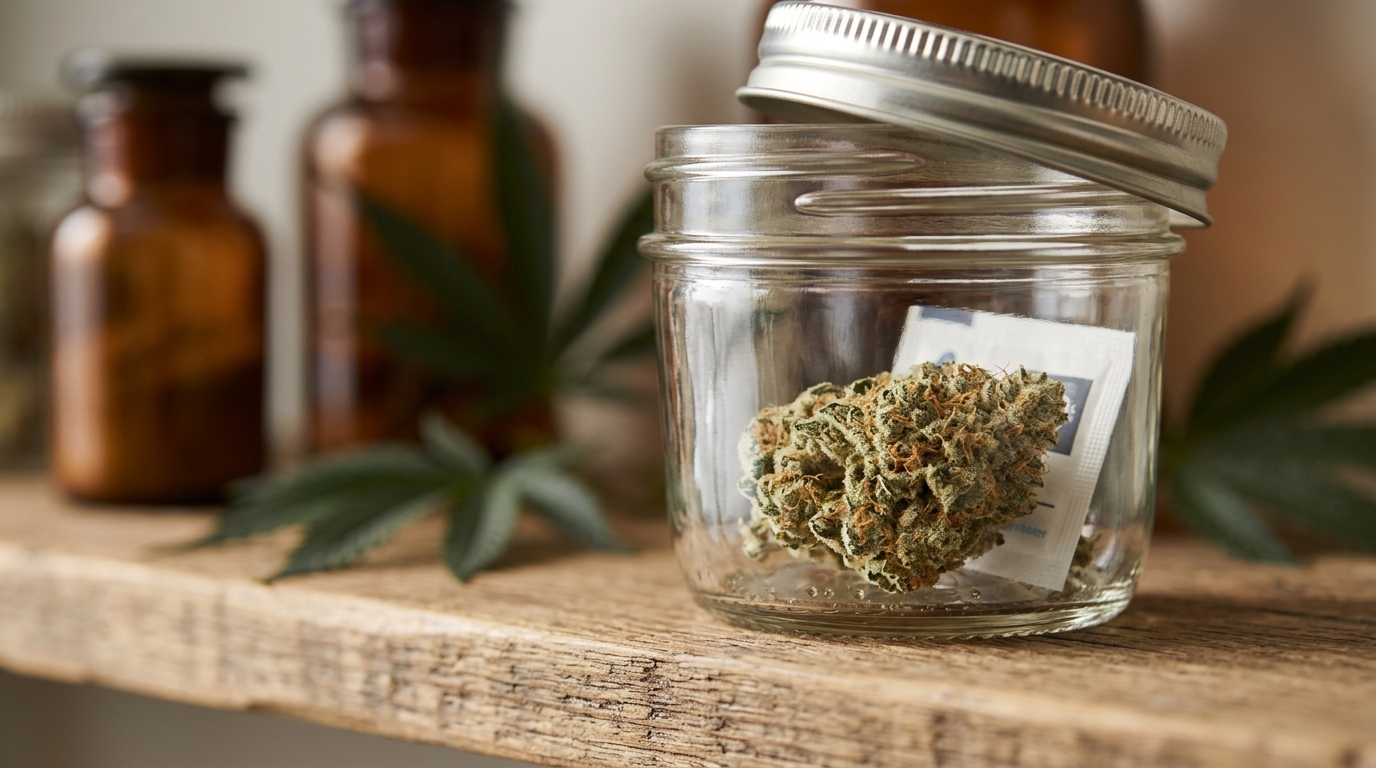 Properly stored cannabis flower in a sealed glass jar to prevent expiration