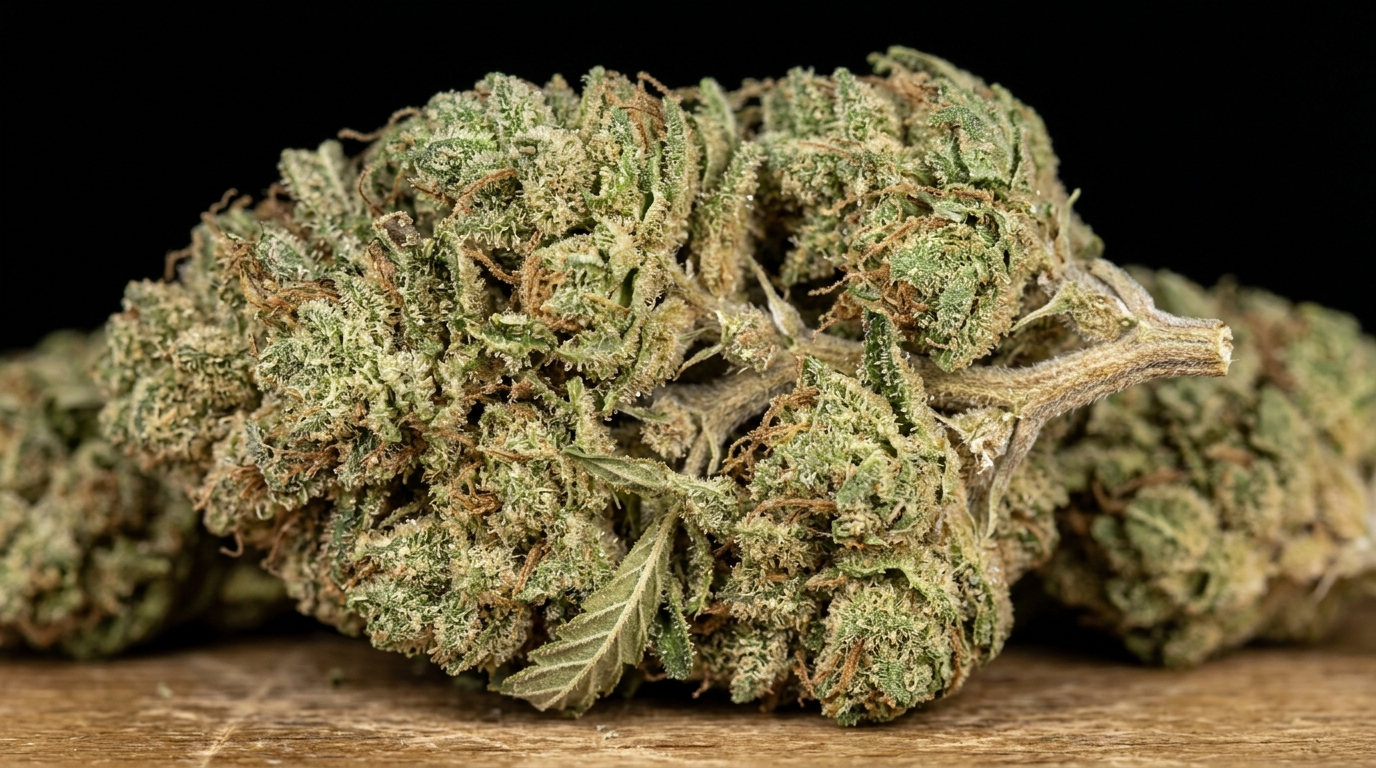 Mid grade weed buds showing moderate quality cannabis flower on wooden surface