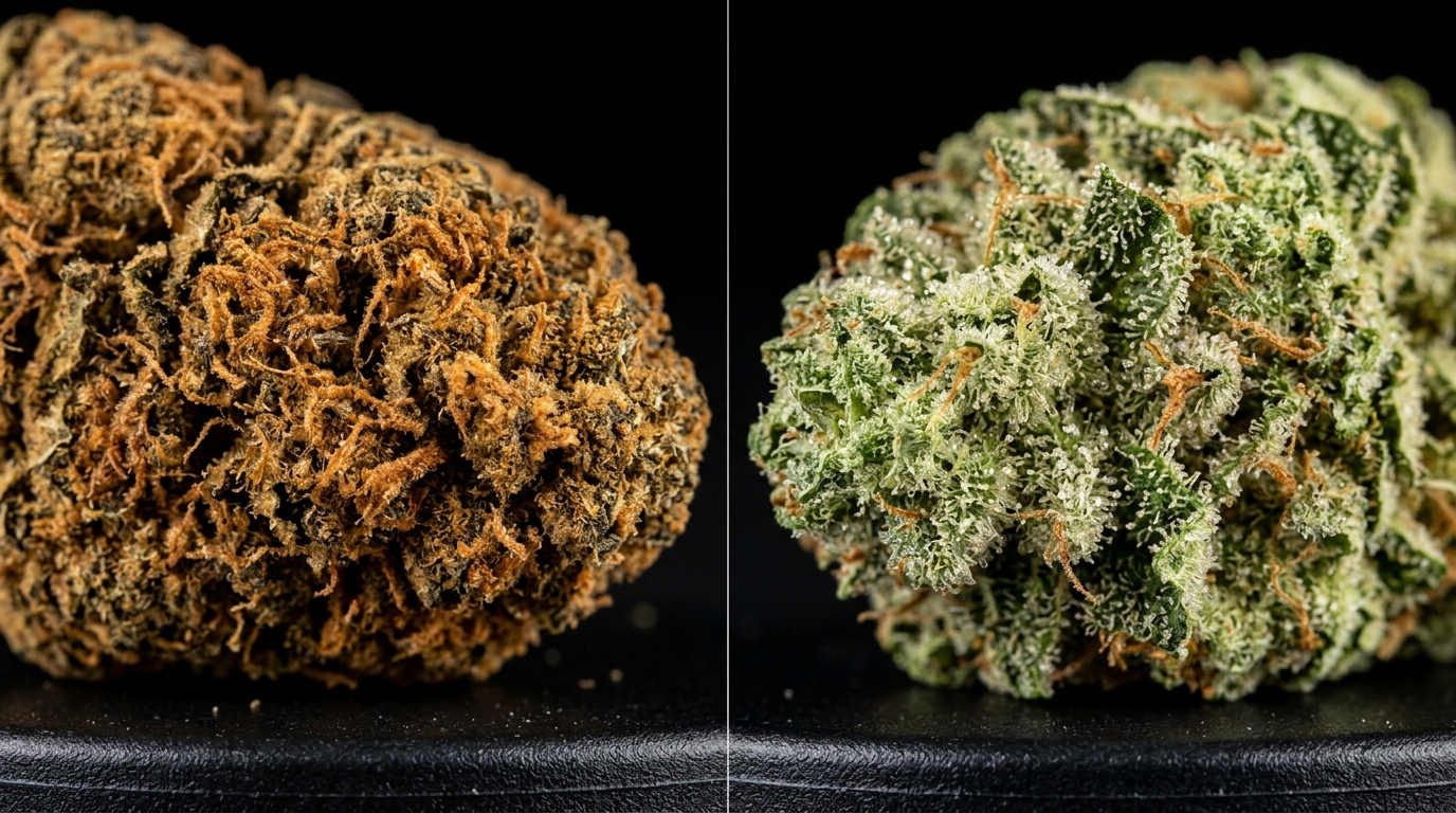 PGR weed vs non-PGR cannabis bud comparison showing trichome difference