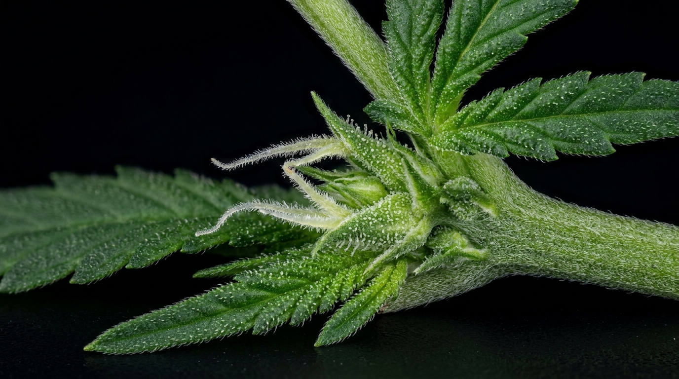 Photoperiod cannabis plant showing early flowering stage after light schedule change to 12 hours dark