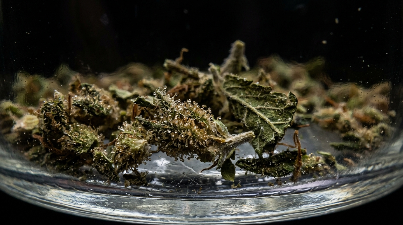 shake weed in a glass jar showing loose cannabis flower fragments