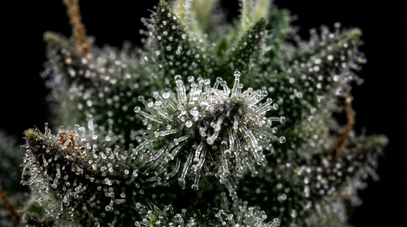 Cannabis trichomes producing terpenes on a mature cannabis flower