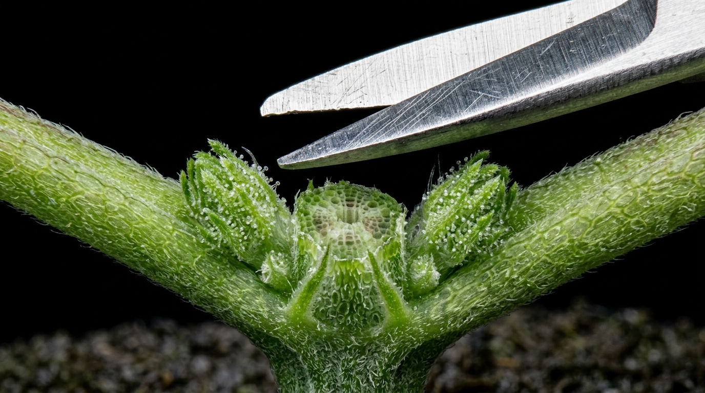 Cannabis plant being topped above a node with two new shoots forming