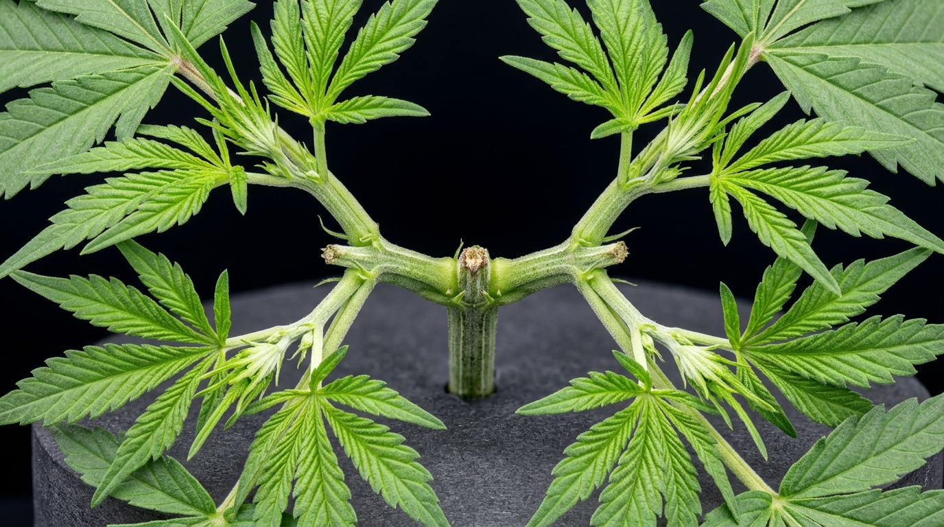 Overhead view of topped cannabis plant showing symmetrical multiple cola growth after training