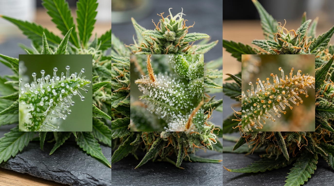 Cannabis trichome color stages comparison showing clear, cloudy, and amber trichome heads under microscope