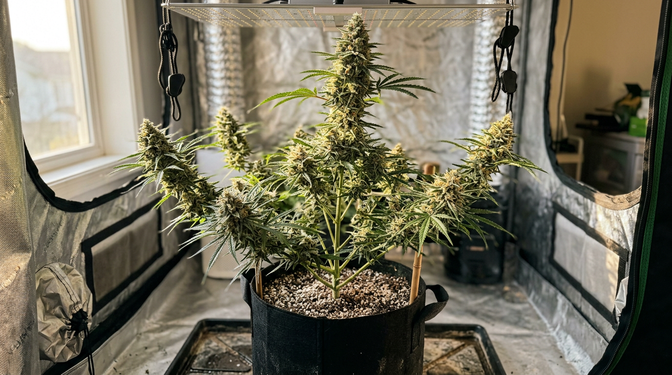 Green Crack strain — Woman examining cannabis leaf under magnification loupe inside LED-lit grow tent with flowering plants and reflective mylar walls