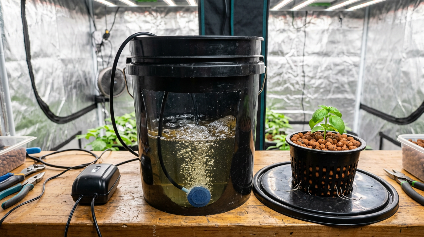 Deep Water Culture bucket setup with net pot air stone and tubing