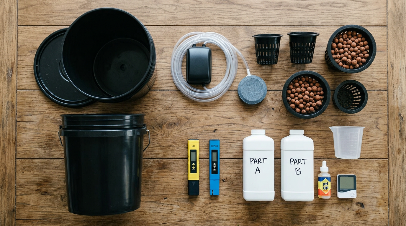 Essential hydroponic cannabis growing equipment laid out on a table