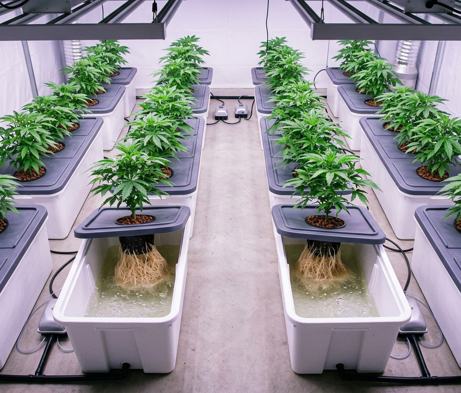 Hydroponic cannabis growing setup with DWC system and LED lights