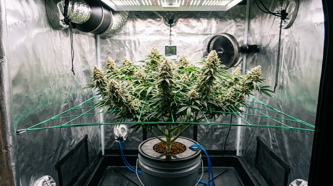 Mature cannabis plant ready for harvest in hydroponic grow tent