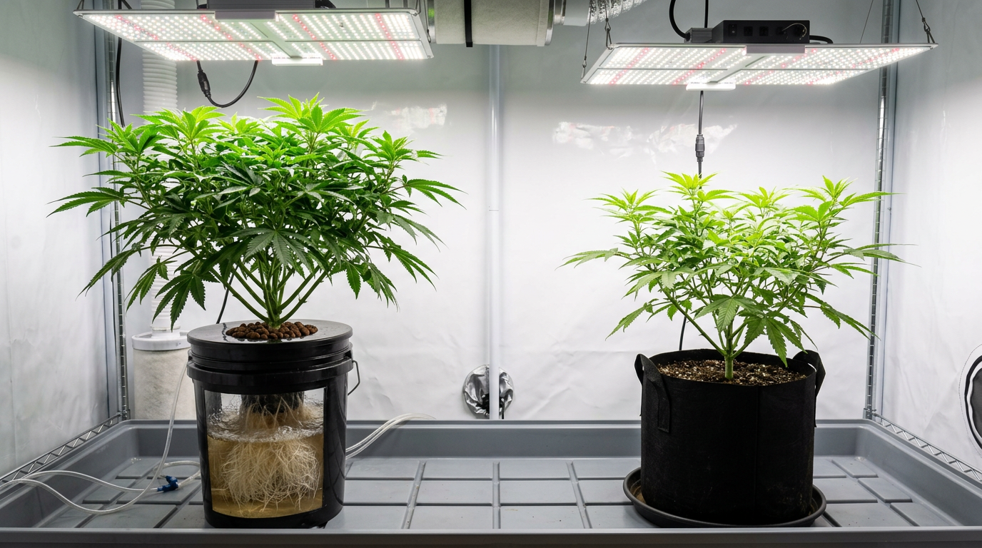 Side-by-side comparison of hydroponic and soil-grown cannabis plants