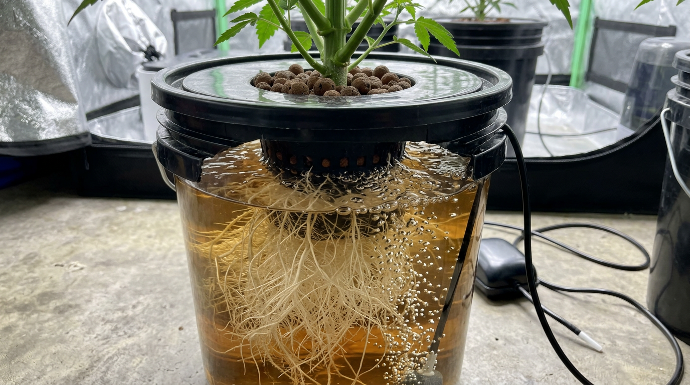 Cannabis plant roots in hydroponic nutrient solution with air stone bubbles