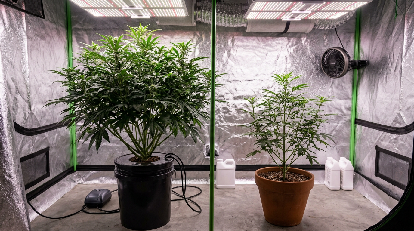 Hydroponic cannabis plant compared to soil-grown plant showing size difference