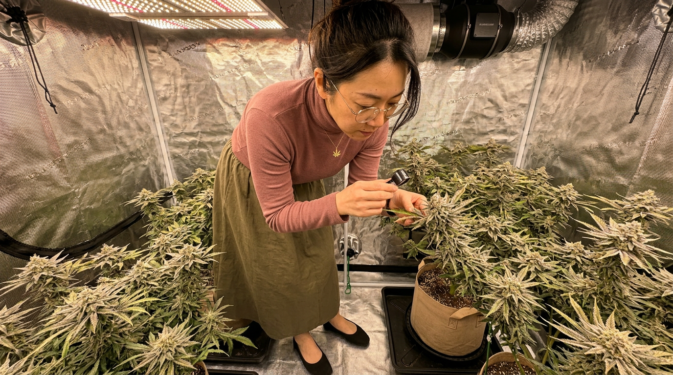 LA Confidential strain — Woman examining cannabis leaf with jeweler's loupe inside indoor grow tent with LED lights and reflective mylar walls