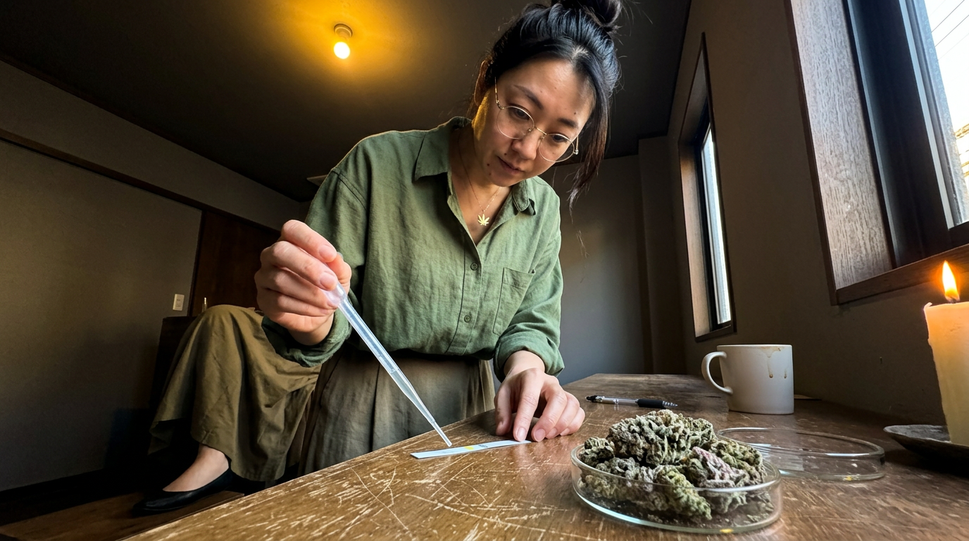 LA Confidential strain — Woman pipetting terpene oil onto a test strip at a wooden tasting counter, dense frosted cannabis buds in a glass dish nearby