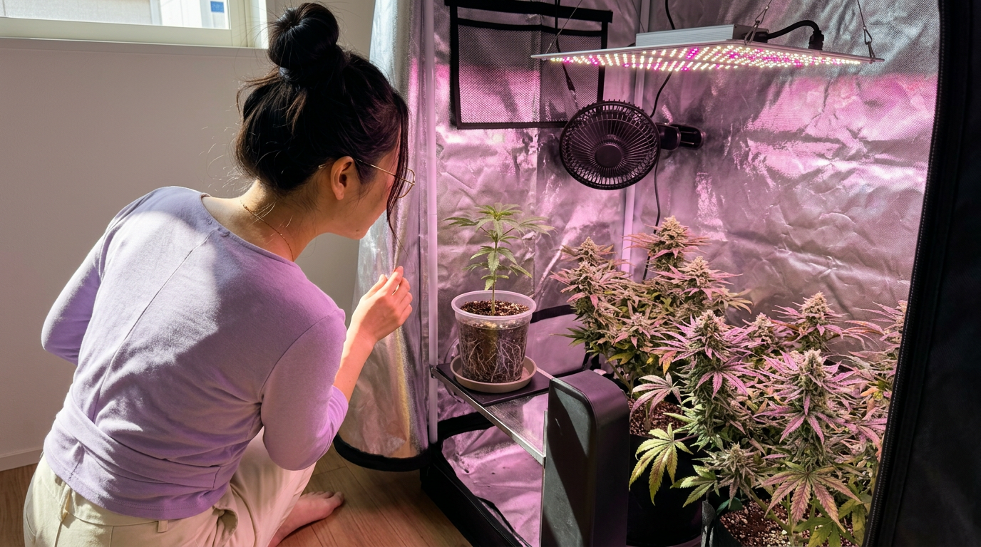 Person inspecting root development of a cannabis plant in a clear pot inside an indoor grow tent with LED lights.