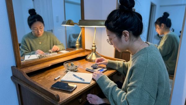 Person weighing a dense, frosty cannabis bud on a digital scale at a vintage desk with a brass lamp.
