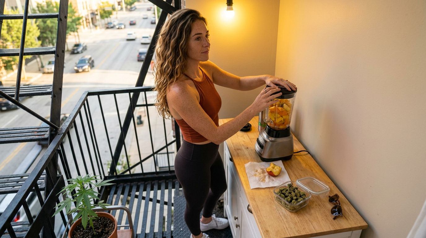 Mimosa strain — Woman making a smoothie on a fire escape kitchen counter, small glass dish of cannabis buds visible nearby, city street below