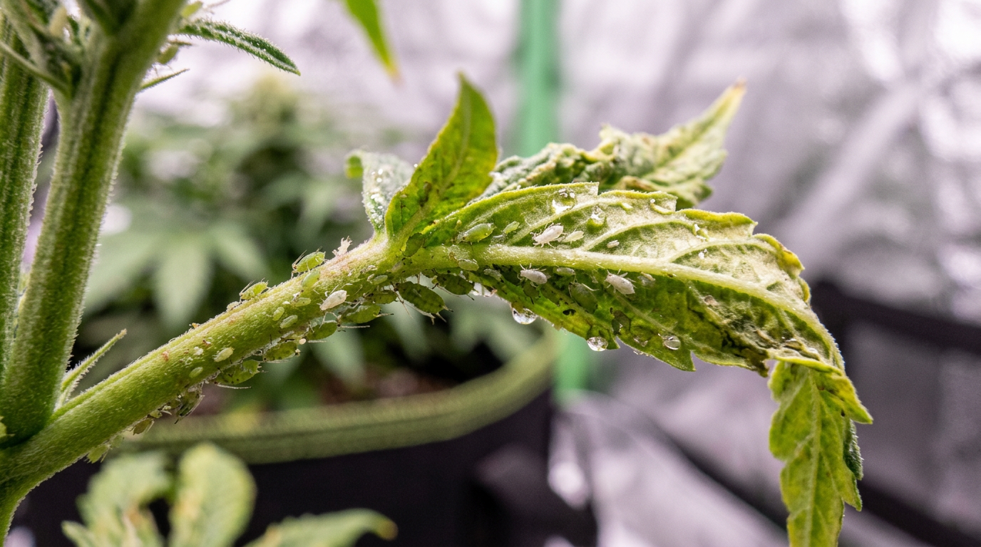 Cannabis stem and leaf underside showing aphid infestation with clusters of small insects and sticky honeydew