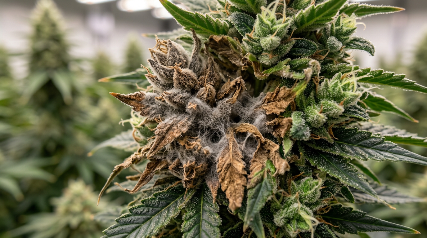 Cannabis cola with botrytis bud rot showing gray fuzzy mold growing inside the bud with brown dying tissue