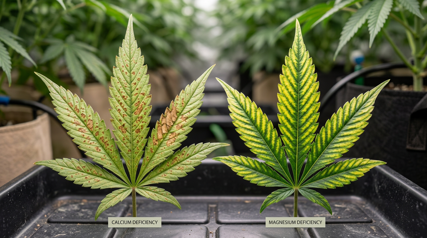 Cannabis leaves with calcium deficiency showing brown rust spots and magnesium deficiency showing interveinal chlorosis