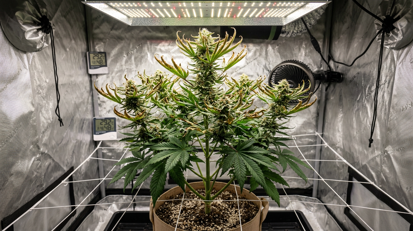 Cannabis plant with heat stress showing leaves curling upward into taco shape with brown dry edges on upper canopy