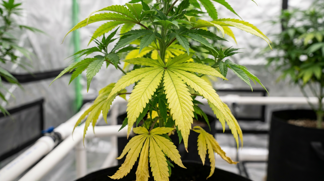 Cannabis leaf showing nitrogen deficiency with uniform yellowing progressing from lower older leaves upward