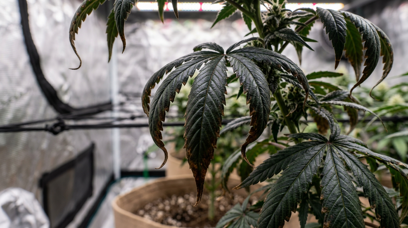 Cannabis plant showing nutrient burn with dark green leaves and burnt brown crispy tips curling downward