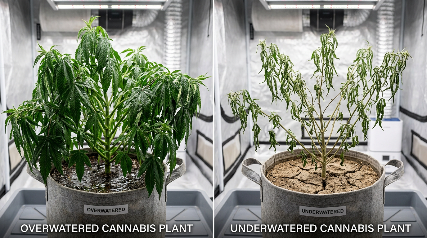 Side by side comparison of overwatered cannabis with drooping heavy leaves versus underwatered with wilted thin leaves