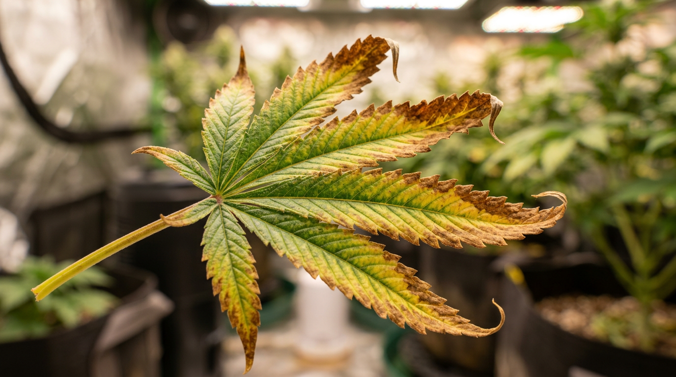 Cannabis leaf with potassium deficiency showing brown crispy leaf edges and yellowing between veins