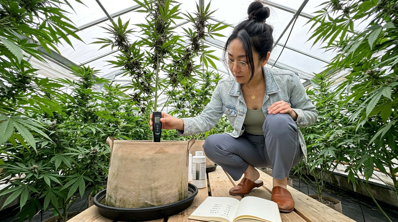 Woman crouching in a greenhouse measuring EC levels of plant runoff with a conductivity meter beside a tall purple-budded cannabis plant