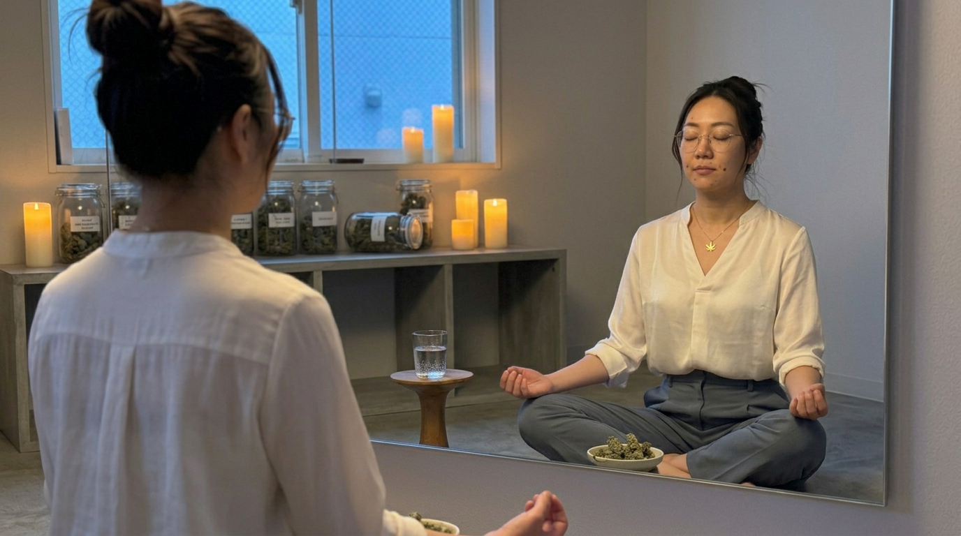 Woman meditating on a cushion facing an apothecary shelf with candles and labeled herb jars, cannabis buds in a ceramic dish nearby