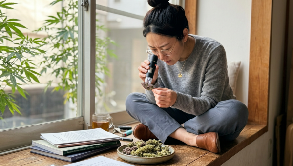 Woman examining a purple cannabis bud through a handheld digital microscope on a window seat surrounded by research journals