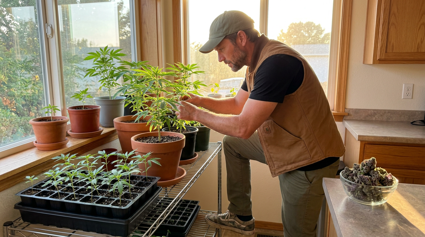 Man tending to cannabis plants on sunlit windowsill, glass bowl of Slurricane buds on kitchen counter, cannabis seedling trays in background