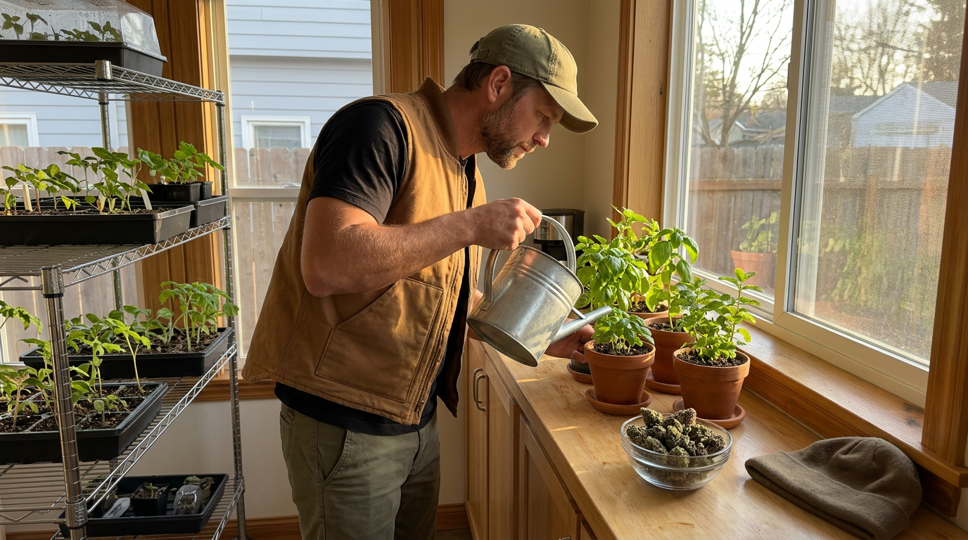 Man watering herbs on sunlit windowsill, glass bowl of cannabis buds on kitchen counter, grow trays in background
