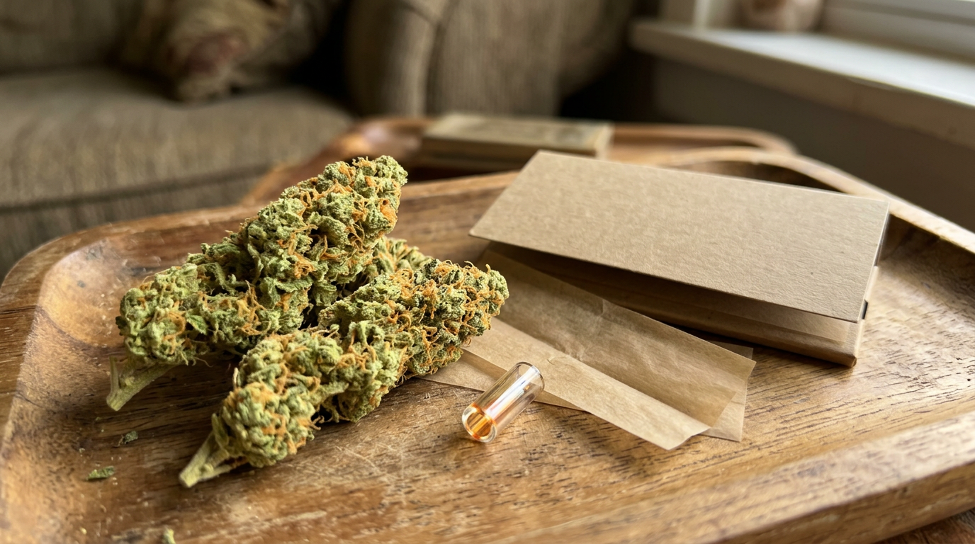 Trainwreck buds - Trainwreck cannabis buds arranged on a wooden roll