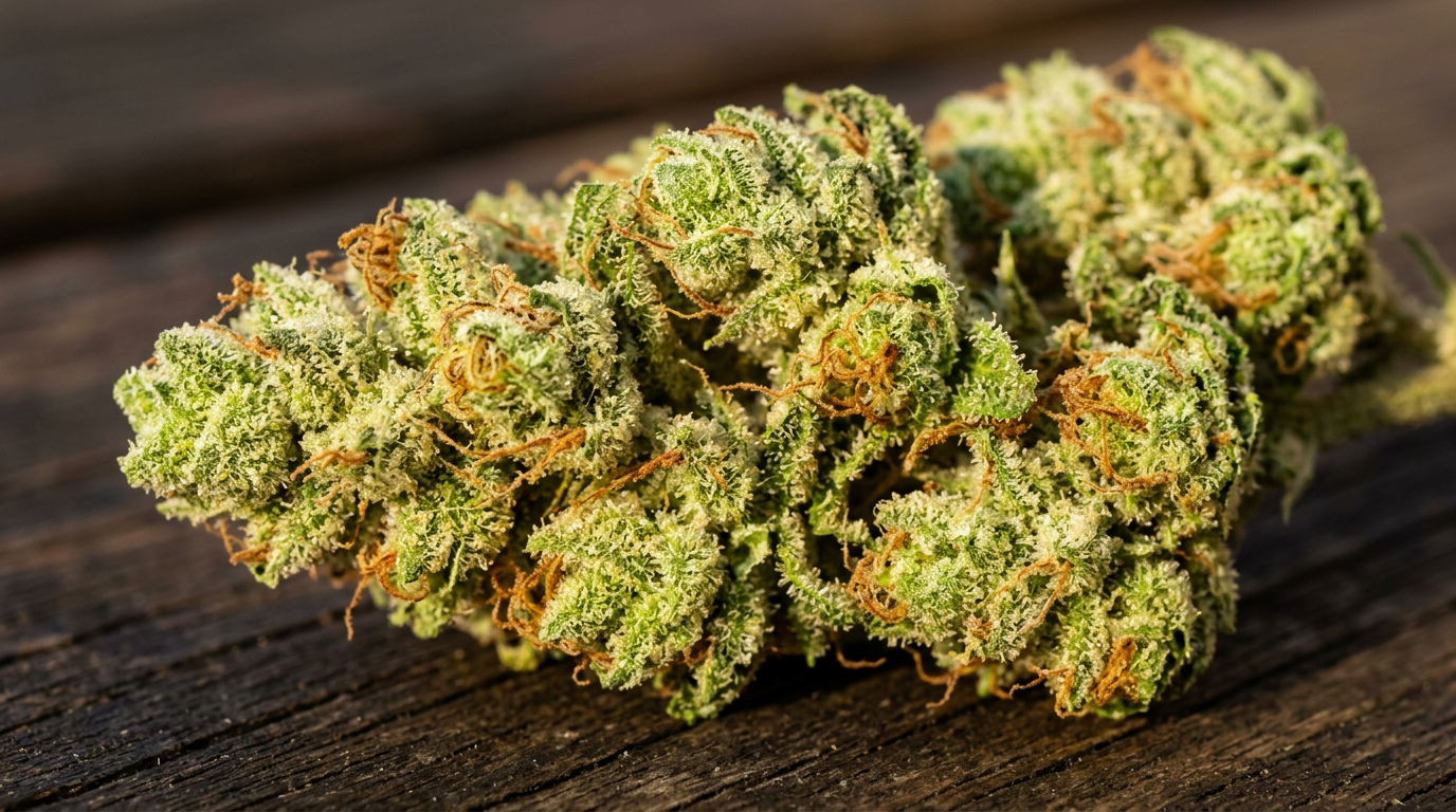 Trainwreck cannabis buds - macro close-up showing trichome coverage